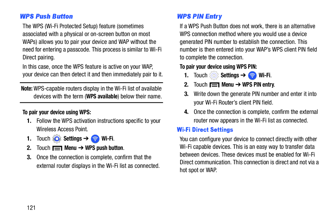 Samsung SM-T2105GYYXAR user manual WPS Push Button, WPS PIN Entry, To pair your device using WPS, Wi-Fi Direct Settings 