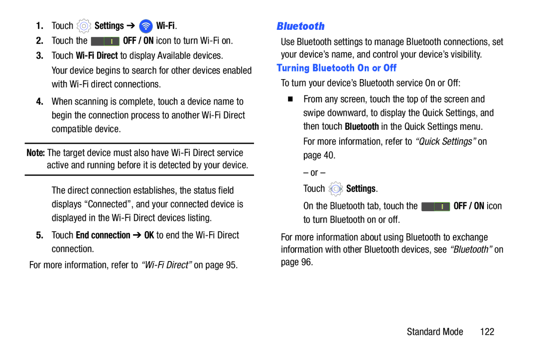 Samsung SM-T2105GYYXAR Touch End connection OK to end the Wi-Fi Direct connection, Turning Bluetooth On or Off, 122 