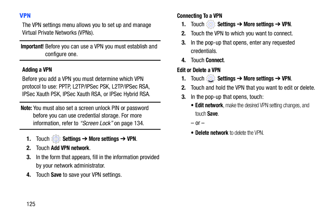 Samsung SM-T2105GYYXAR user manual Adding a VPN, Touch Settings More settings VPN Touch Add VPN network 