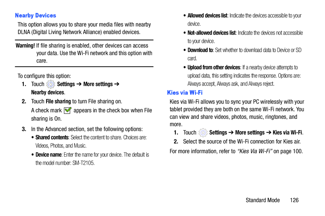 Samsung SM-T2105GYYXAR user manual Nearby Devices, Touch Settings More settings Nearby devices, Kies via Wi-Fi 