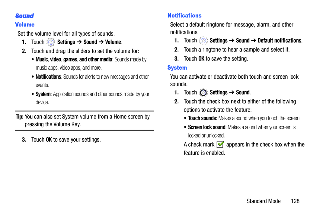 Samsung SM-T2105GYYXAR user manual Sound, Volume, Notifications, System 