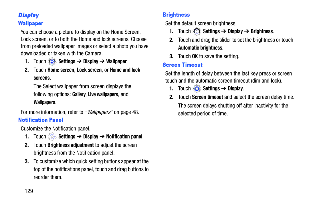 Samsung SM-T2105GYYXAR user manual Display, Wallpaper, Notification Panel, Brightness, Screen Timeout 