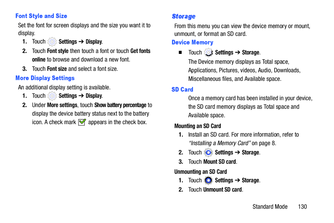 Samsung SM-T2105GYYXAR user manual Storage, Font Style and Size, More Display Settings, Device Memory, SD Card 