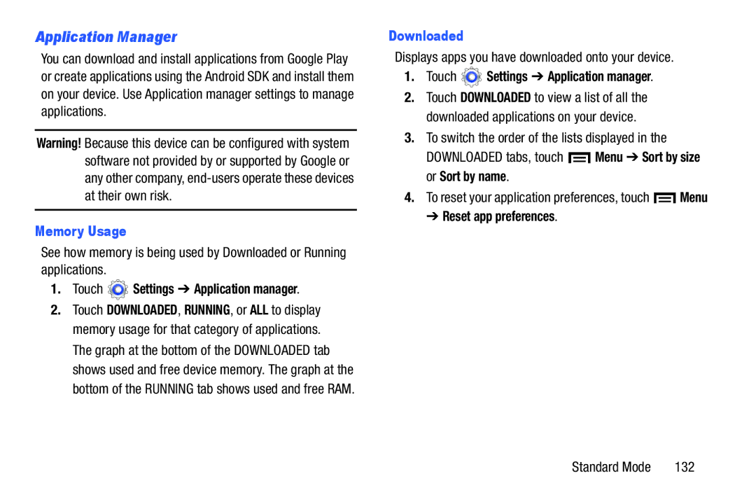 Samsung SM-T2105GYYXAR user manual Memory Usage, Touch Settings Application manager, Downloaded, Reset app preferences 