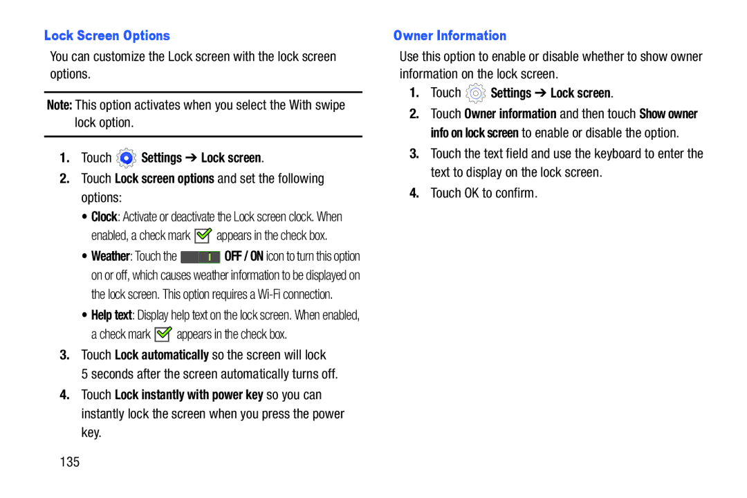 Samsung SM-T2105GYYXAR user manual Lock Screen Options, Check mark appears in the check box, Owner Information 