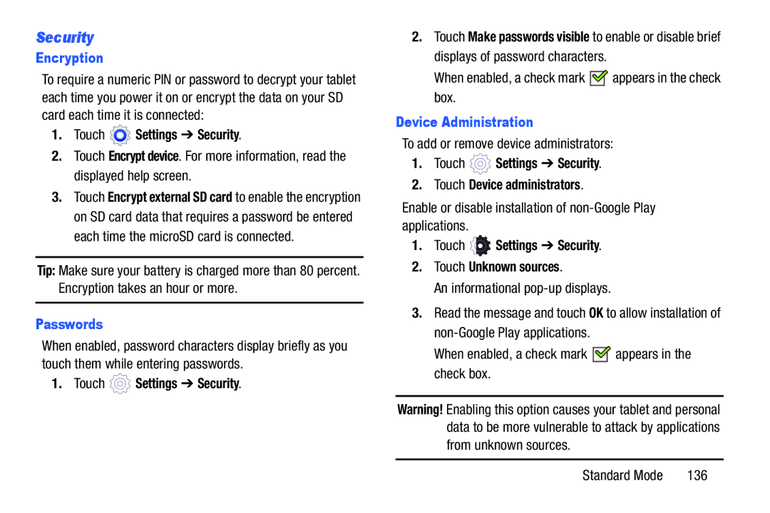 Samsung SM-T2105GYYXAR user manual Security, Encryption, Passwords, Device Administration 