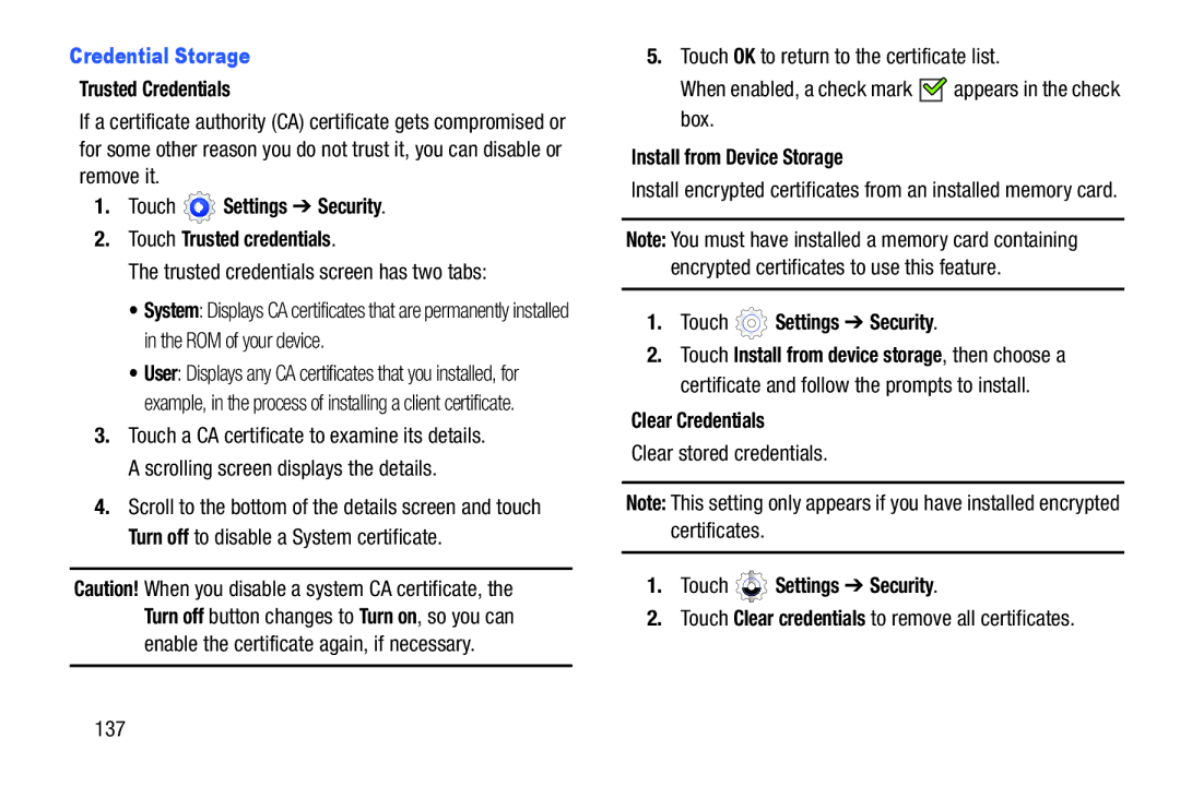 Samsung SM-T2105GYYXAR Credential Storage, Trusted Credentials, Touch Settings Security Touch Trusted credentials 