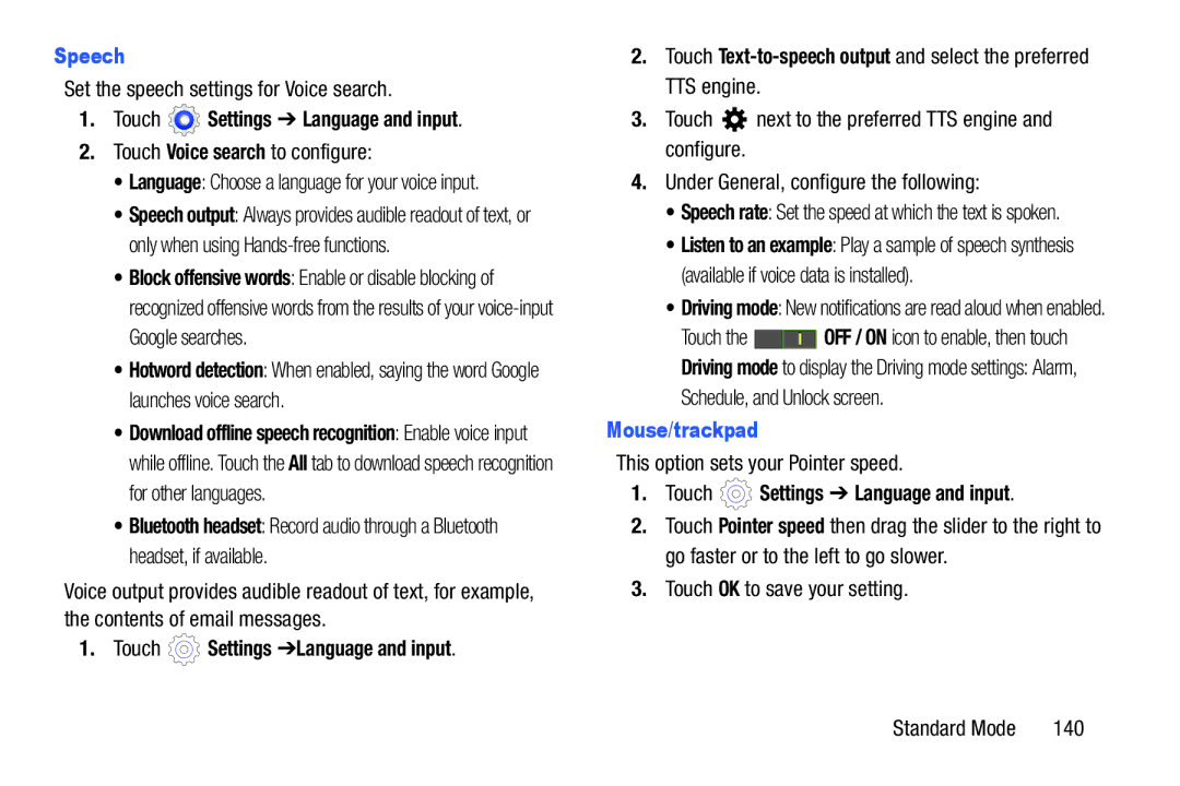 Samsung SM-T2105GYYXAR user manual Speech, Mouse/trackpad 