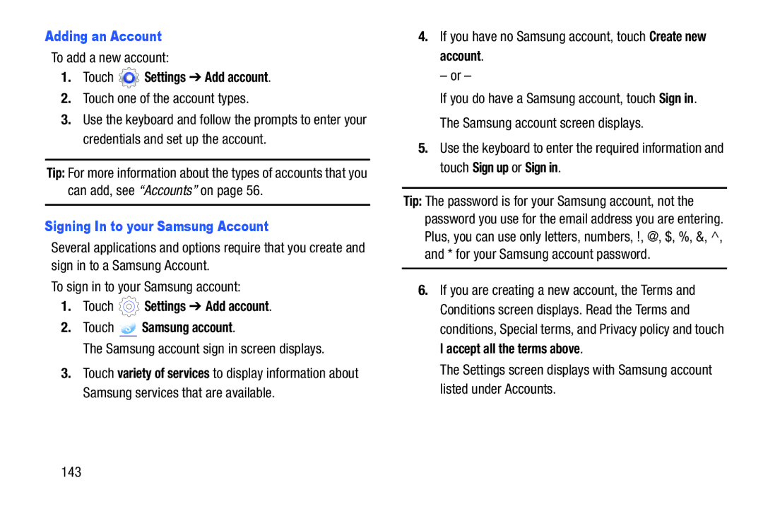 Samsung SM-T2105GYYXAR user manual Adding an Account, Signing In to your Samsung Account 