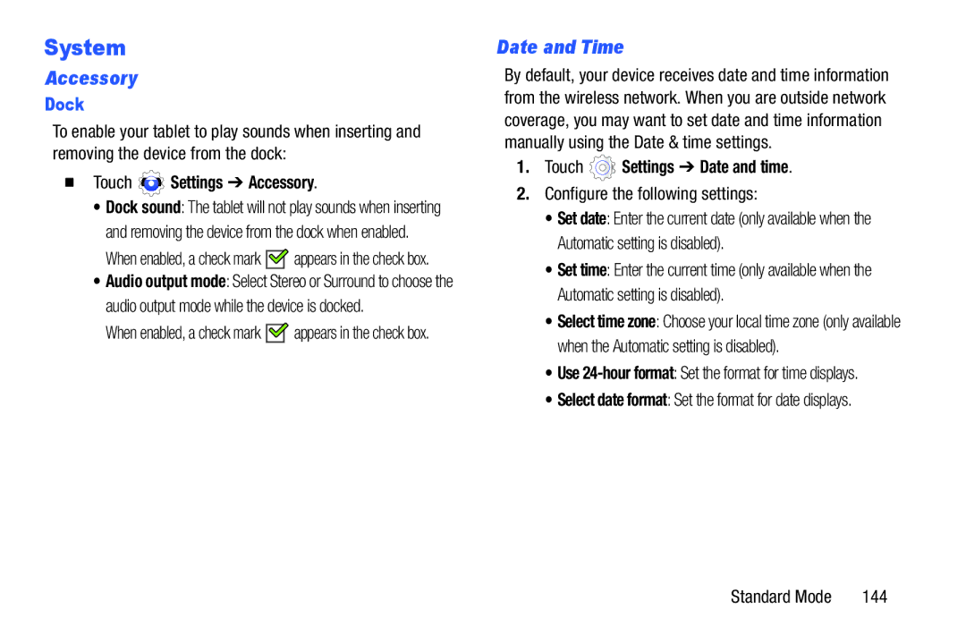 Samsung SM-T2105GYYXAR user manual System, Accessory, Date and Time, Dock 
