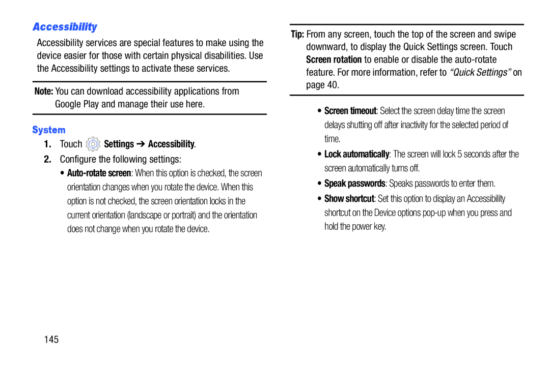 Samsung SM-T2105GYYXAR user manual Touch Settings Accessibility, 145 