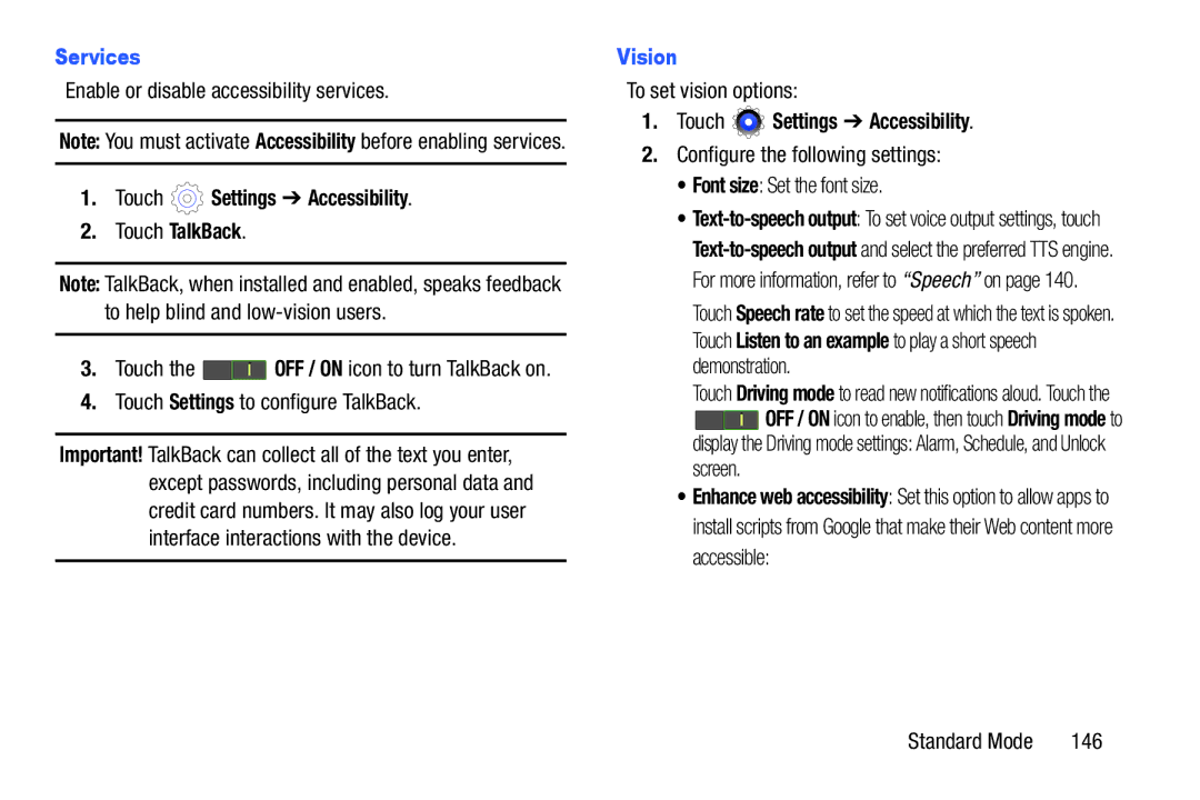 Samsung SM-T2105GYYXAR user manual Services, Touch Settings Accessibility Touch TalkBack, Vision 