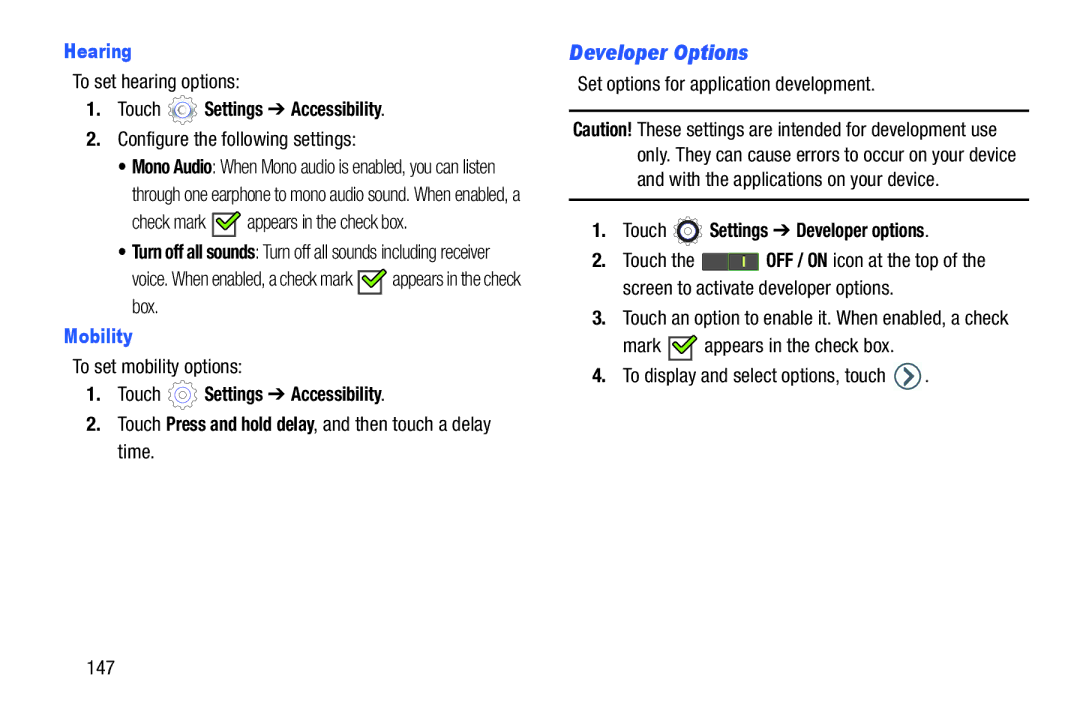 Samsung SM-T2105GYYXAR user manual Developer Options, Hearing, Mobility, Touch Settings Developer options 