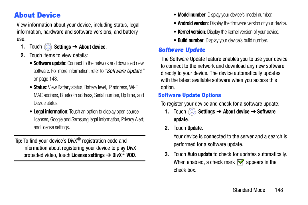 Samsung SM-T2105GYYXAR user manual About Device, Touch Settings About device, Software Update Options 