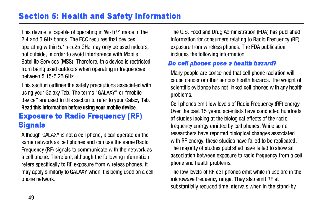 Samsung SM-T2105GYYXAR user manual Exposure to Radio Frequency RF Signals, Do cell phones pose a health hazard?, 149 