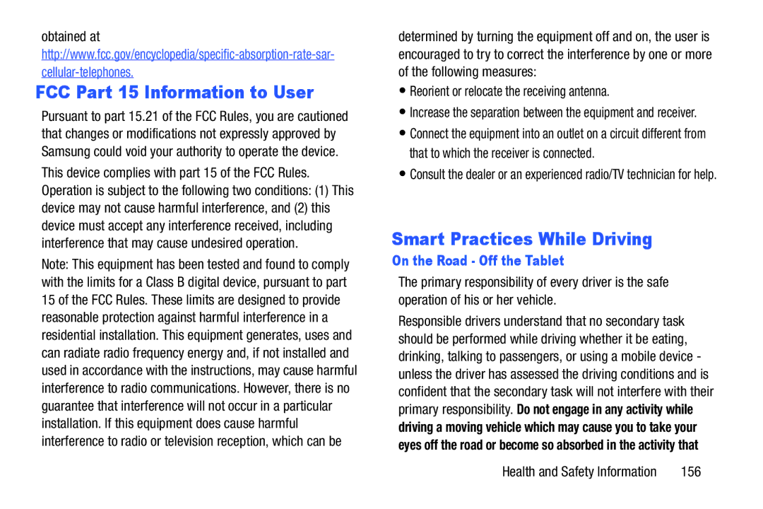 Samsung SM-T2105GYYXAR FCC Part 15 Information to User, Smart Practices While Driving, On the Road Off the Tablet 