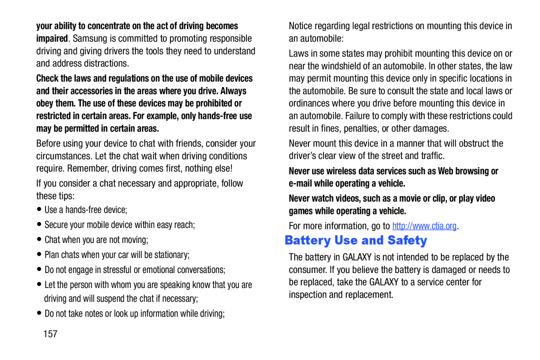 Samsung SM-T2105GYYXAR user manual Battery Use and Safety, 157 