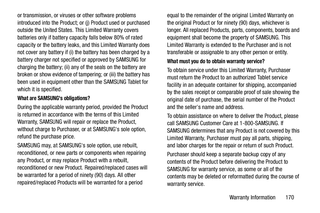 Samsung SM-T2105GYYXAR user manual What are SAMSUNGs obligations?, What must you do to obtain warranty service?, 170 