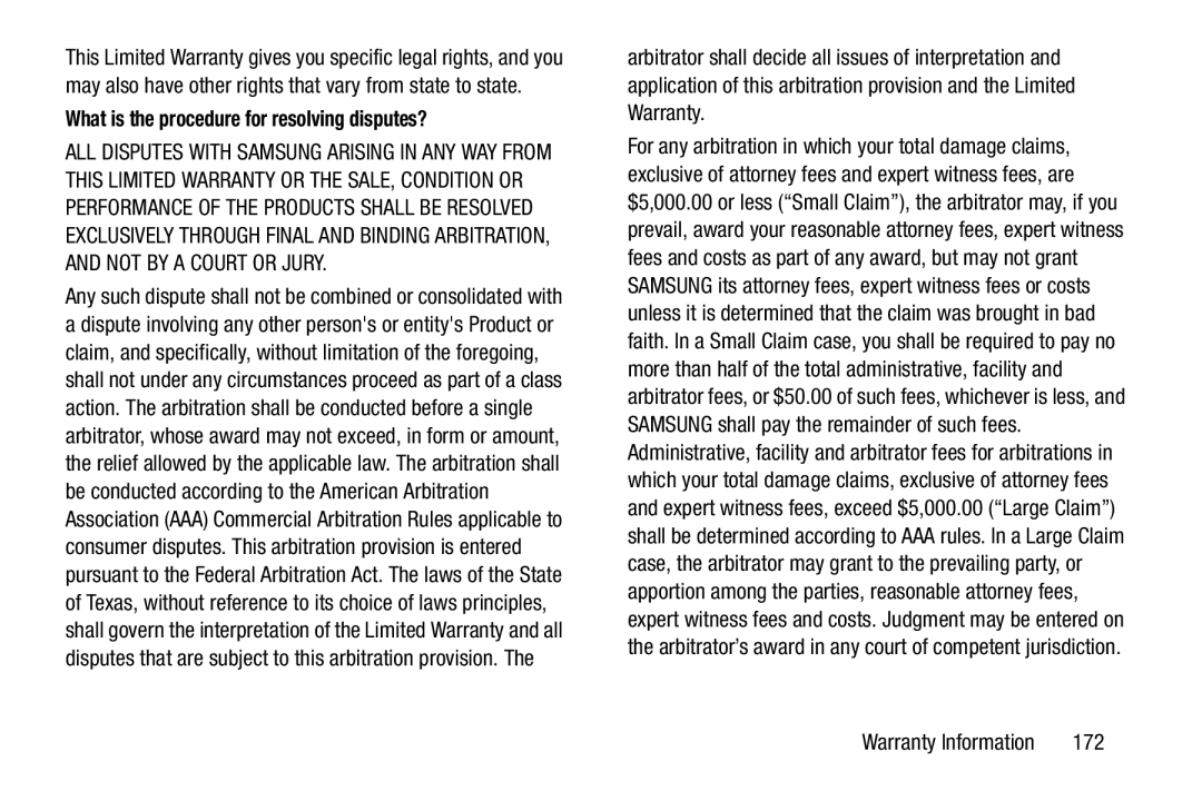 Samsung SM-T2105GYYXAR user manual What is the procedure for resolving disputes?, 172 