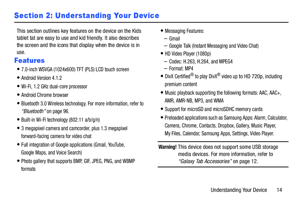 Samsung SM-T2105GYYXAR user manual Features, Support for microSD and microSDHC memory cards 