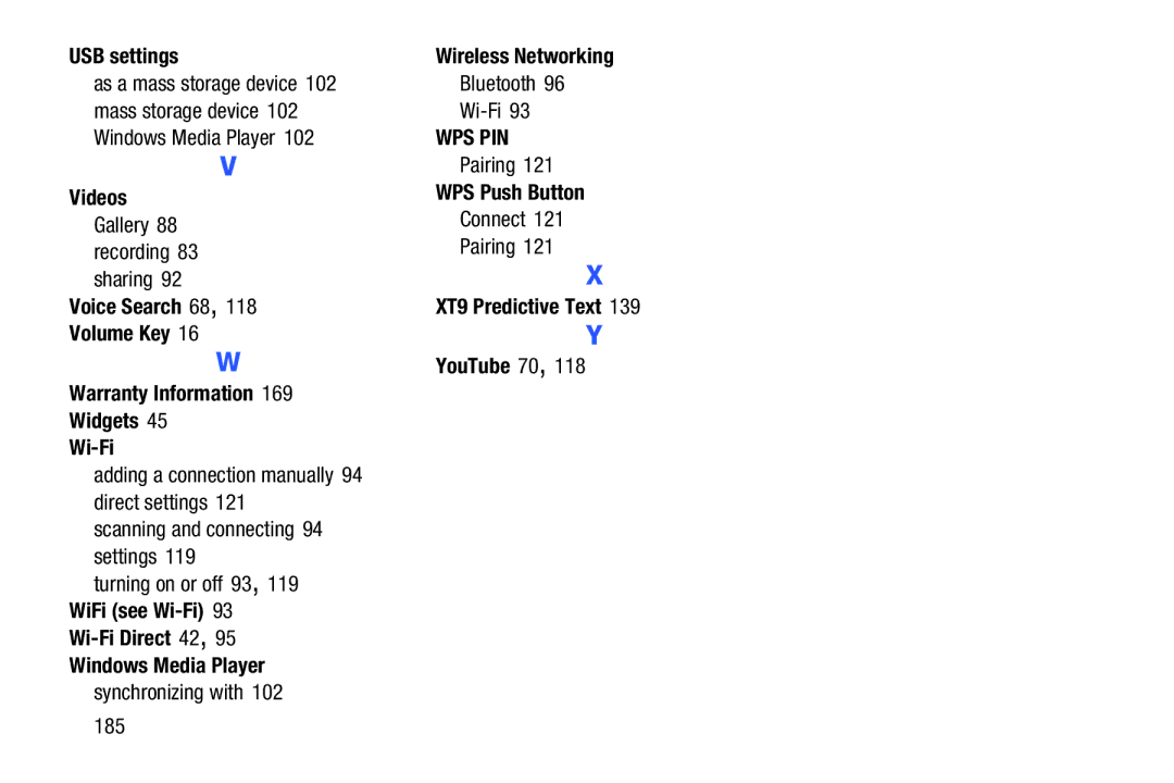 Samsung SM-T2105GYYXAR user manual USB settings, Videos, Windows Media Player, Wireless Networking, WPS Push Button 