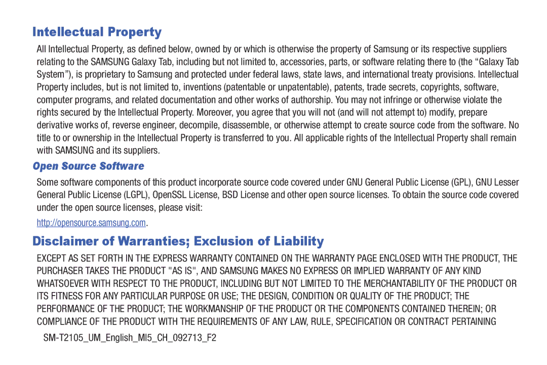 Samsung SM-T2105GYYXAR Intellectual Property, Disclaimer of Warranties Exclusion of Liability, Open Source Software 