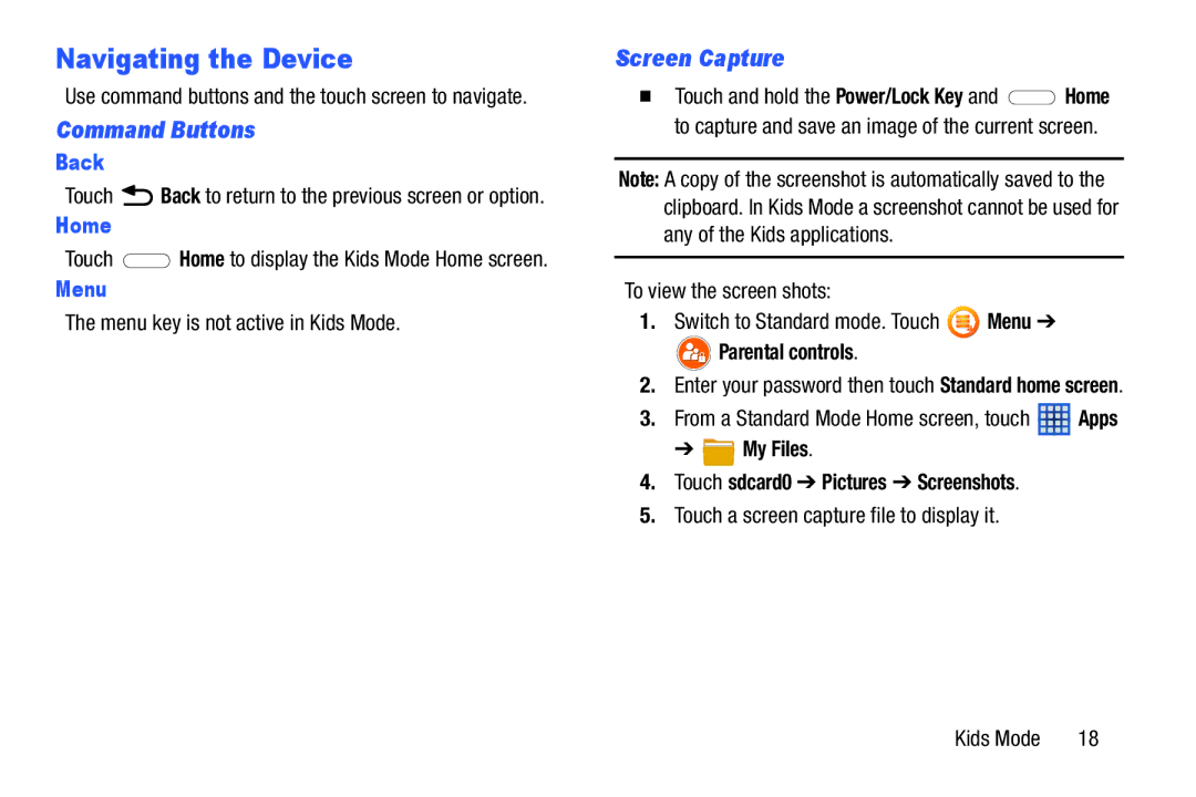 Samsung SM-T2105GYYXAR user manual Navigating the Device, Command Buttons, Screen Capture 