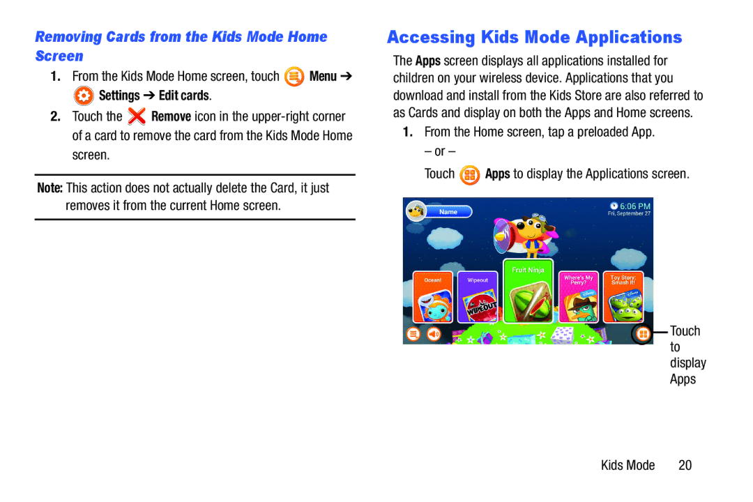 Samsung SM-T2105GYYXAR user manual Accessing Kids Mode Applications, Removing Cards from the Kids Mode Home Screen 