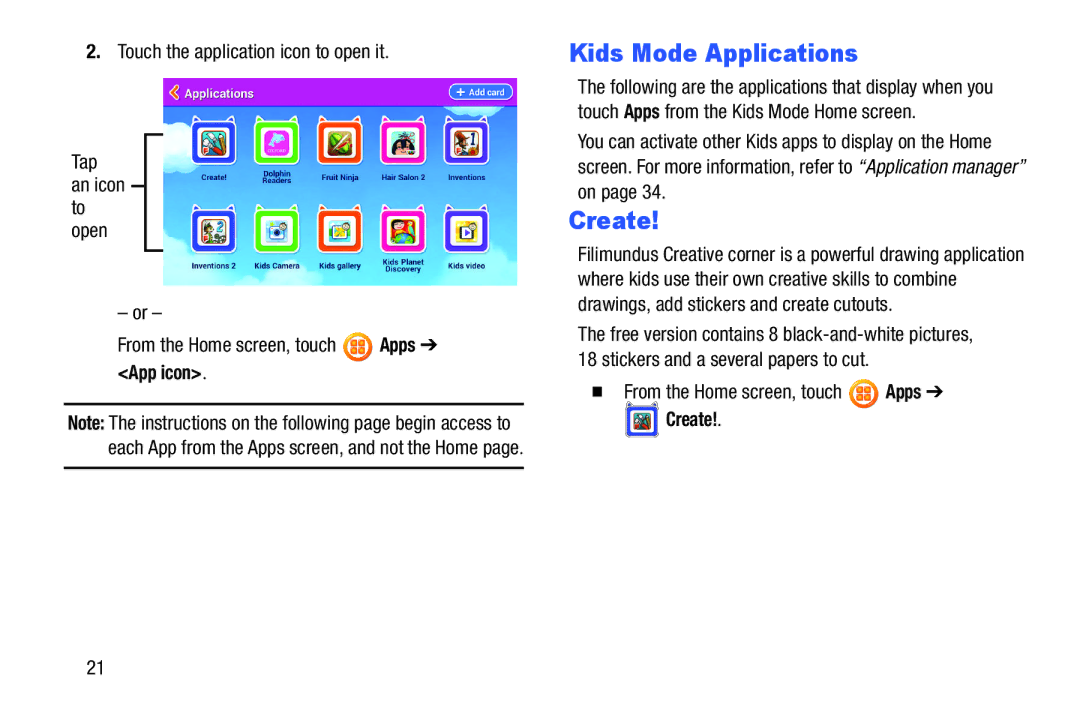 Samsung SM-T2105GYYXAR user manual Kids Mode Applications, Create,  From the Home screen, touch Apps 