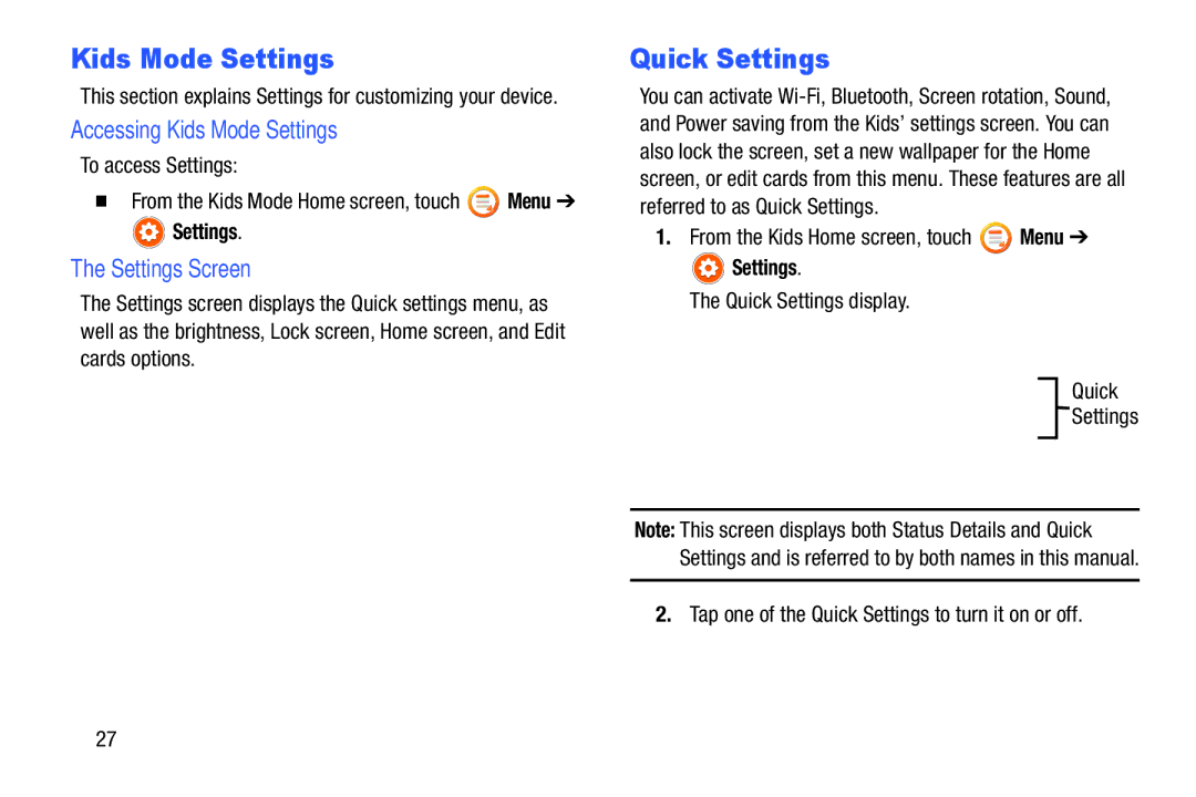 Samsung SM-T2105GYYXAR user manual Quick Settings, Accessing Kids Mode Settings, Settings Screen 