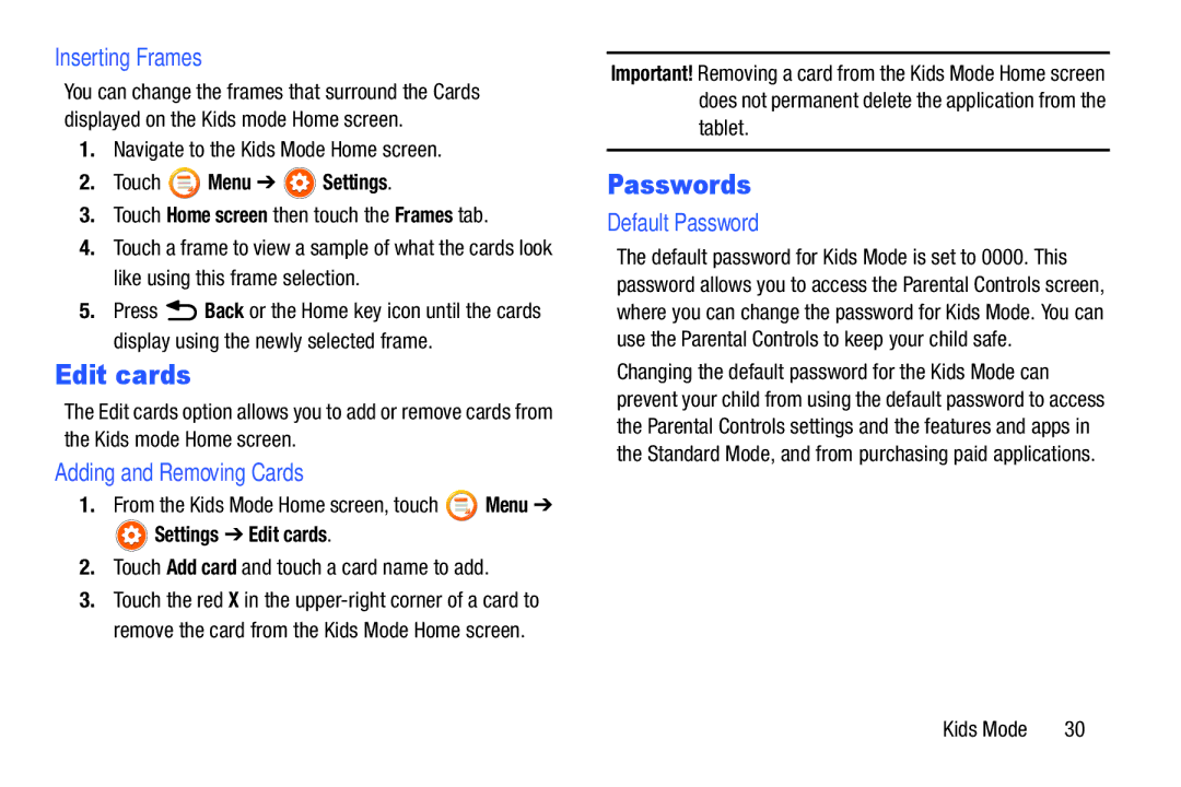 Samsung SM-T2105GYYXAR user manual Edit cards, Passwords, Inserting Frames, Adding and Removing Cards, Default Password 