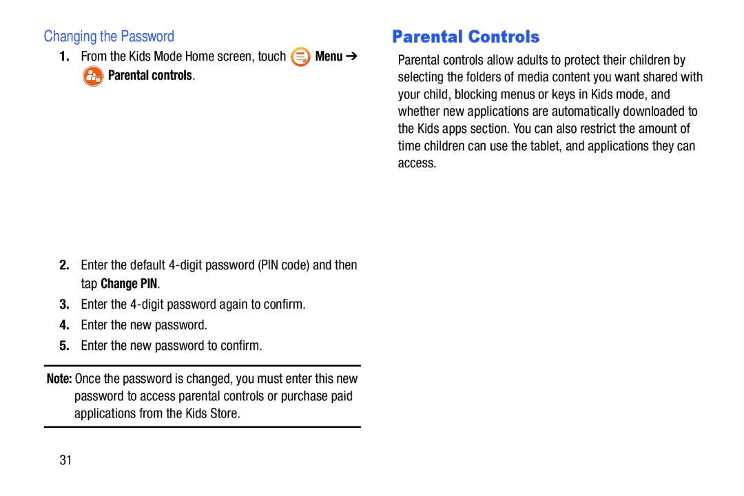 Samsung SM-T2105GYYXAR user manual Parental Controls, Changing the Password 