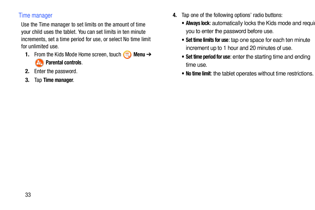 Samsung SM-T2105GYYXAR user manual Tap Time manager, Tap one of the following options’ radio buttons 