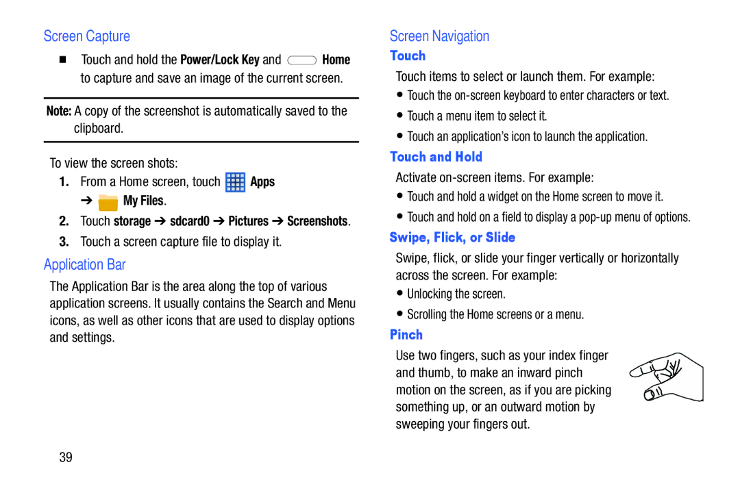 Samsung SM-T2105GYYXAR user manual Application Bar, Touch and Hold, Swipe, Flick, or Slide, Pinch 