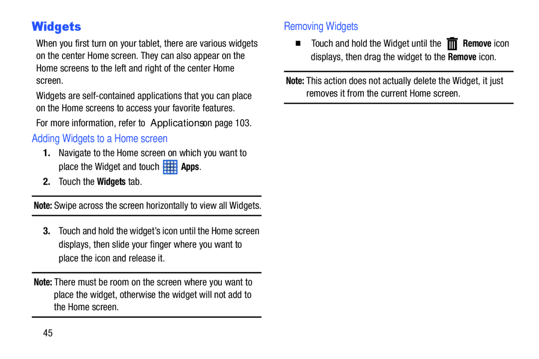 Samsung SM-T2105GYYXAR user manual Adding Widgets to a Home screen, Removing Widgets 