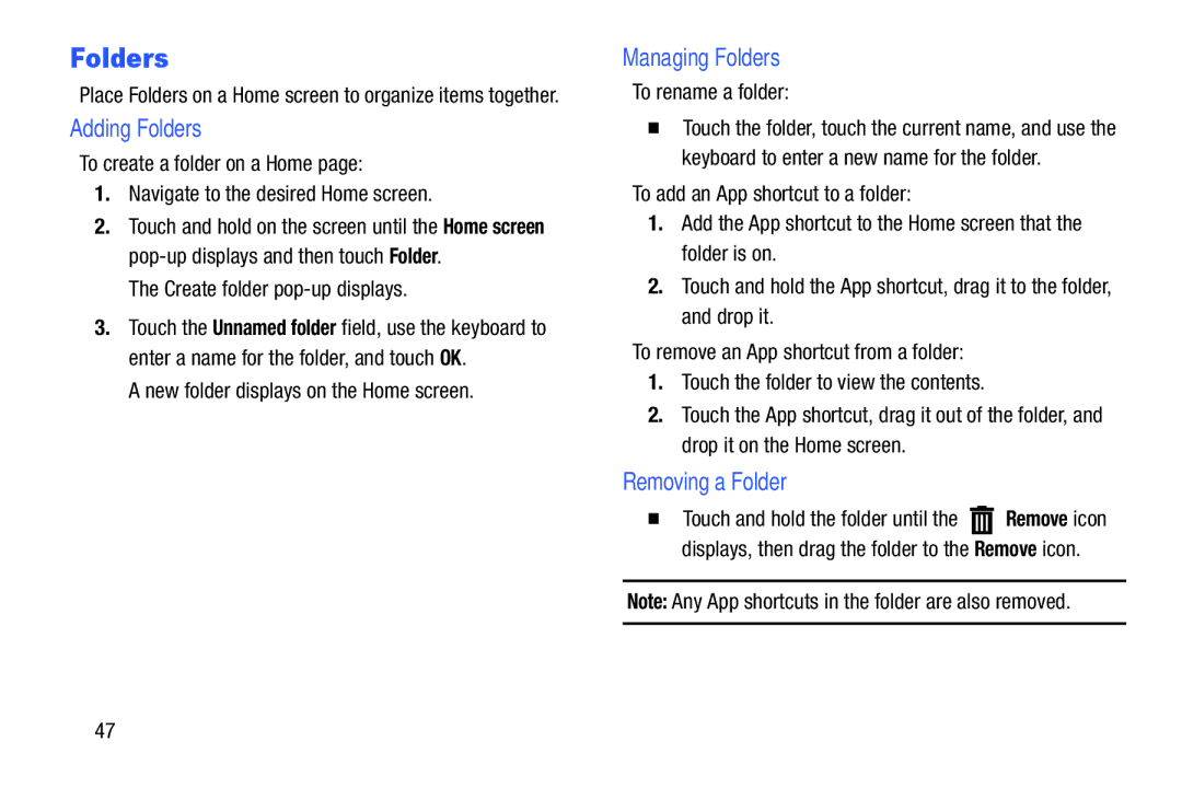 Samsung SM-T2105GYYXAR user manual Adding Folders, Managing Folders, Removing a Folder 