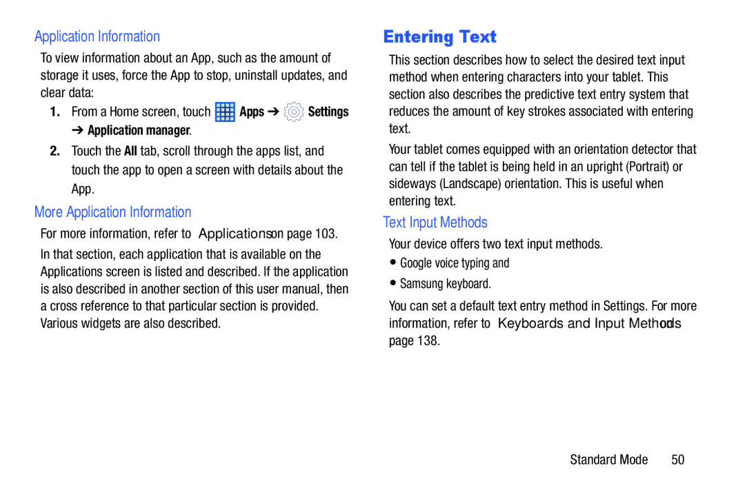 Samsung SM-T2105GYYXAR user manual Entering Text, More Application Information, Text Input Methods, Application manager 