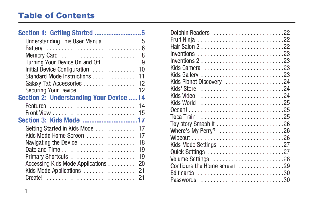 Samsung SM-T2105GYYXAR user manual Table of Contents 