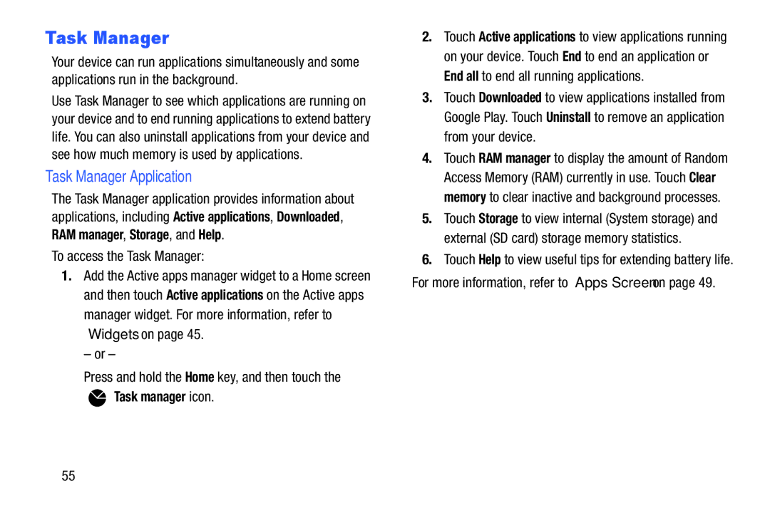 Samsung SM-T2105GYYXAR user manual Task Manager Application, To access the Task Manager, Task manager icon 