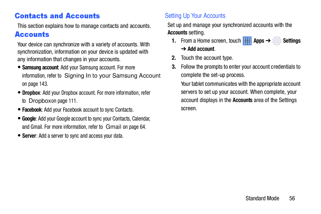 Samsung SM-T2105GYYXAR user manual Contacts and Accounts, Setting Up Your Accounts, Add account 