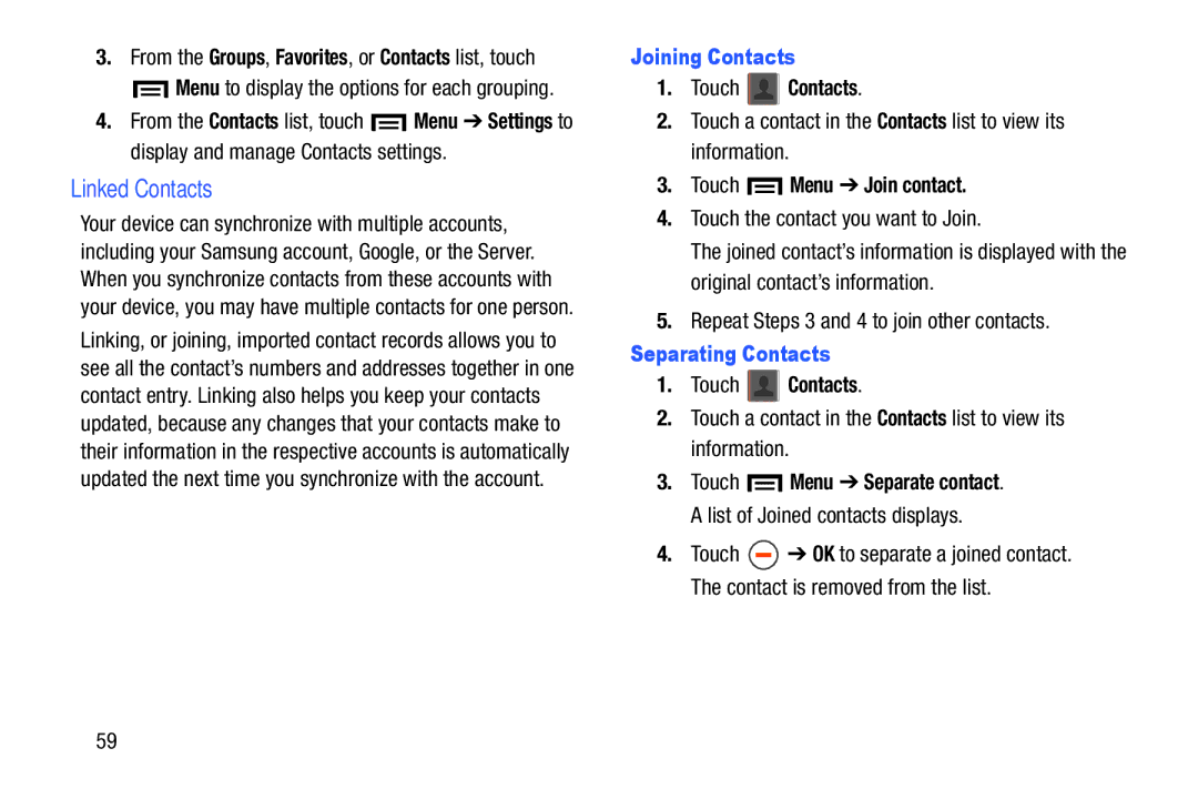 Samsung SM-T2105GYYXAR user manual Linked Contacts, Joining Contacts, Touch Menu Join contact, Separating Contacts 