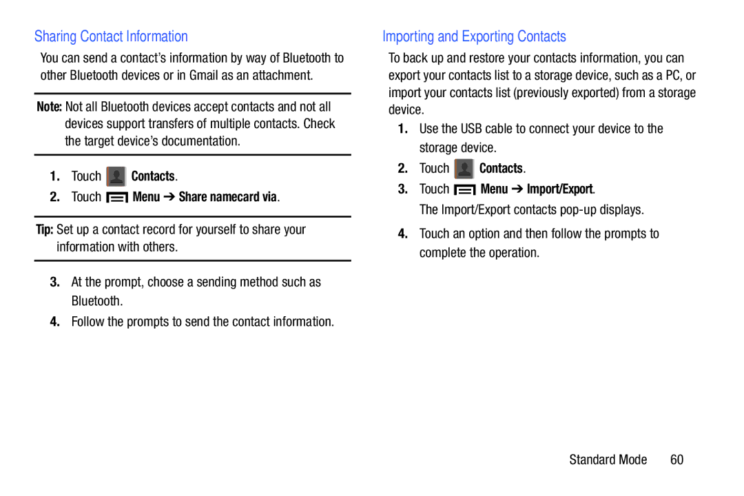 Samsung SM-T2105GYYXAR user manual Sharing Contact Information, Importing and Exporting Contacts 