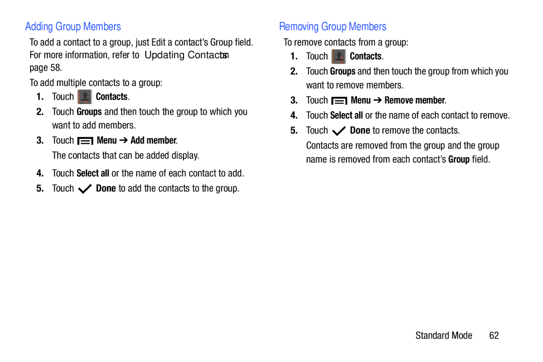 Samsung SM-T2105GYYXAR Adding Group Members, Removing Group Members, Touch Menu Add member, Touch Menu Remove member 