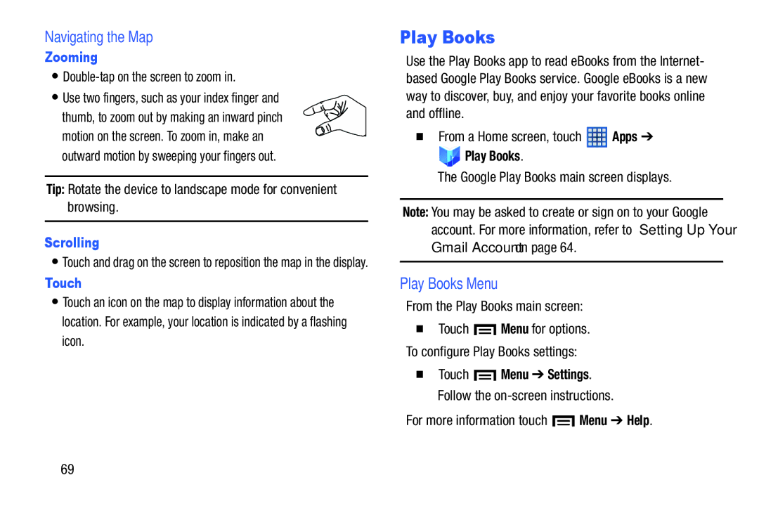 Samsung SM-T2105GYYXAR user manual Navigating the Map, Play Books Menu, Zooming, Scrolling 