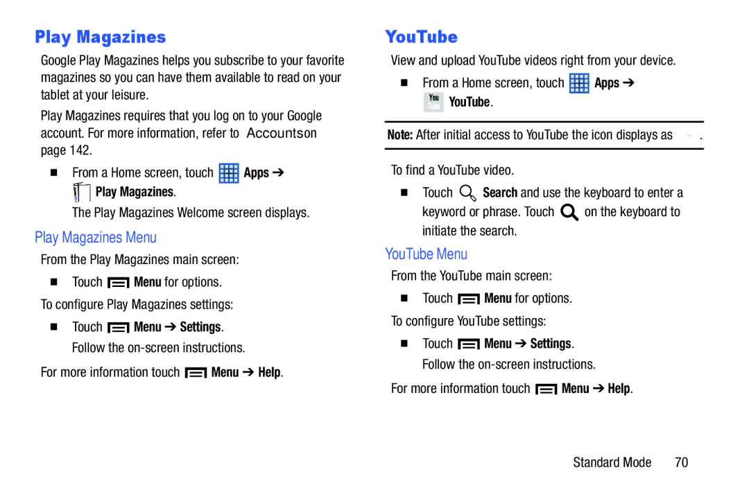 Samsung SM-T2105GYYXAR user manual Play Magazines Menu, YouTube Menu 