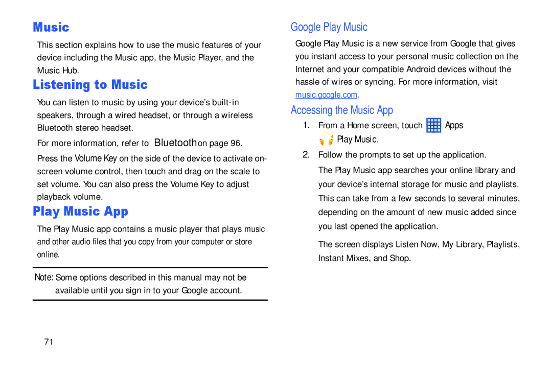 Samsung SM-T2105GYYXAR user manual Listening to Music, Play Music App, Google Play Music, Accessing the Music App 