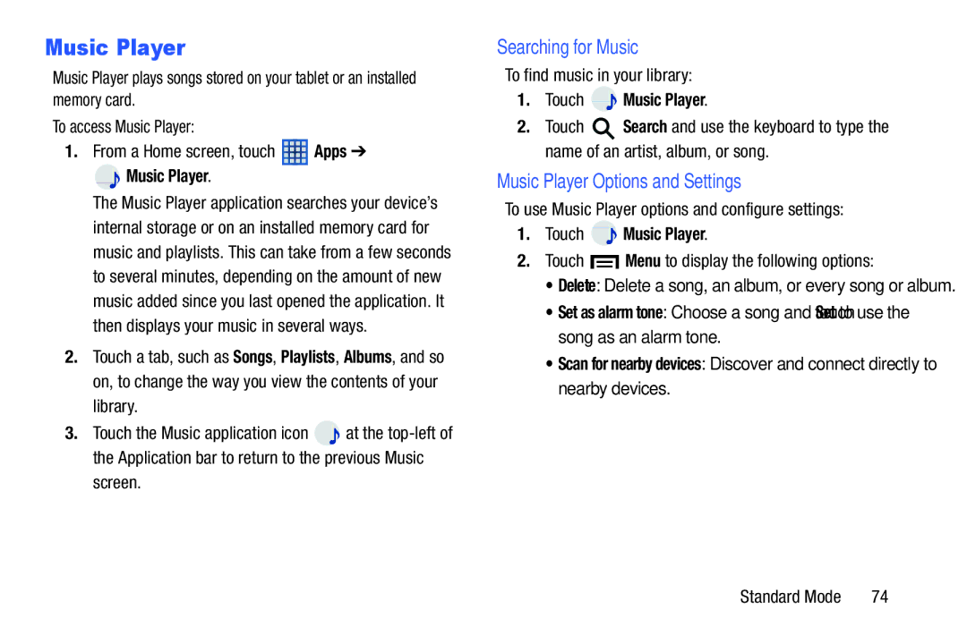 Samsung SM-T2105GYYXAR user manual Searching for Music, Music Player Options and Settings, Touch Music Player 