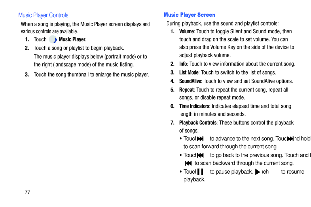 Samsung SM-T2105GYYXAR user manual Music Player Controls, Touch a song or playlist to begin playback, Music Player Screen 