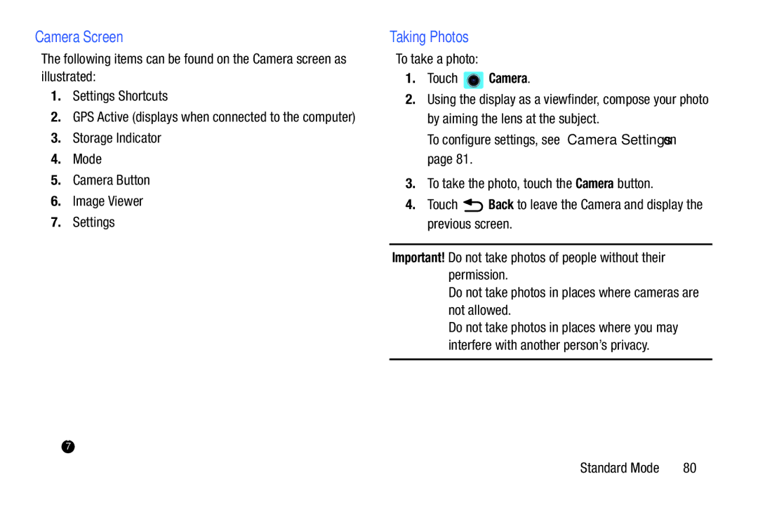 Samsung SM-T2105GYYXAR user manual Camera Screen, Storage Indicator Mode Camera Button Image Viewer Settings, Touch Camera 