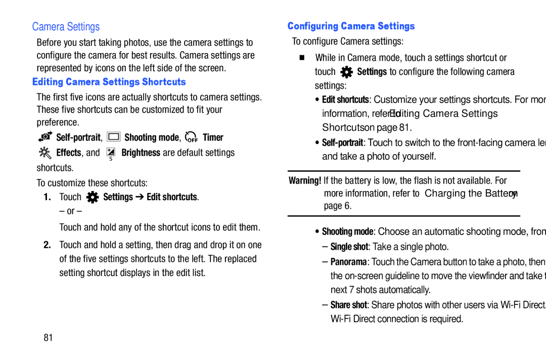 Samsung SM-T2105GYYXAR user manual Editing Camera Settings Shortcuts, Self-portrait, Shooting mode, Timer 